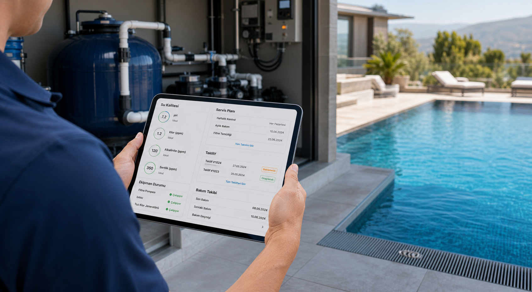 Pool AI için havuz ekipmanı, su kalitesi, servis planı ve bakım takibi görseli