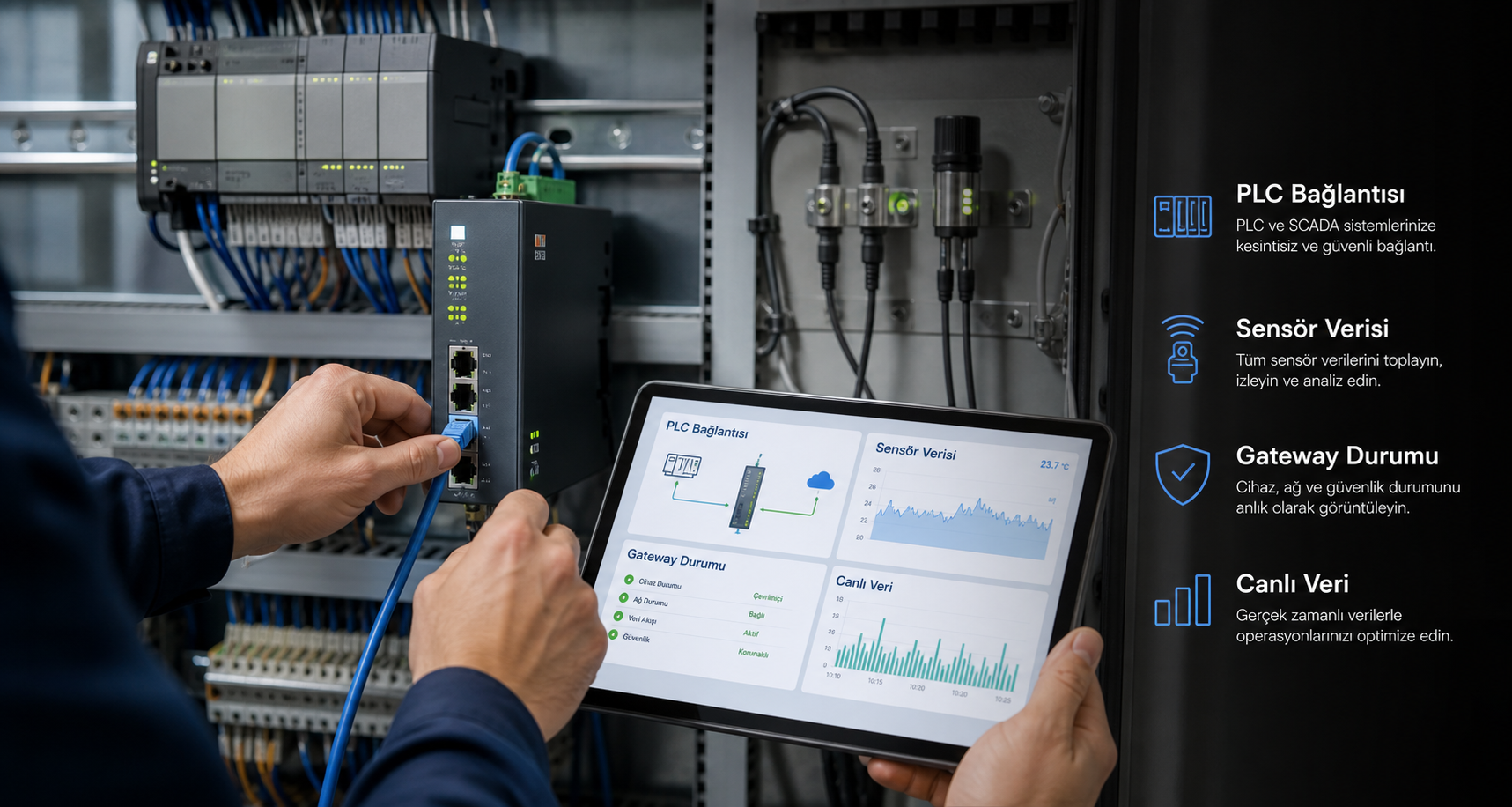 AI Gateway için PLC bağlantısı, sensör verisi, gateway durumu ve canlı veri görseli