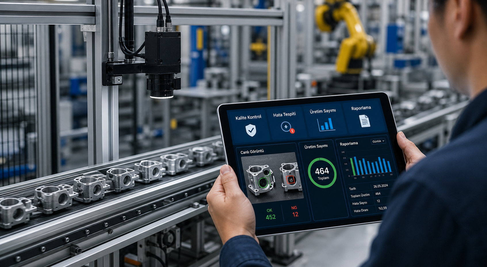 Vision AI için kamera destekli kalite kontrol, hata tespiti ve üretim sayımı görseli