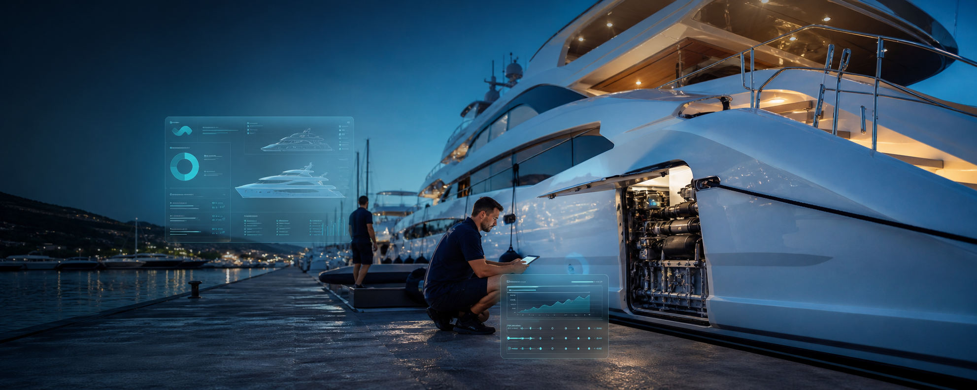 YachtCare için marina içinde yat servis bakımı ve dijital takip paneli görseli