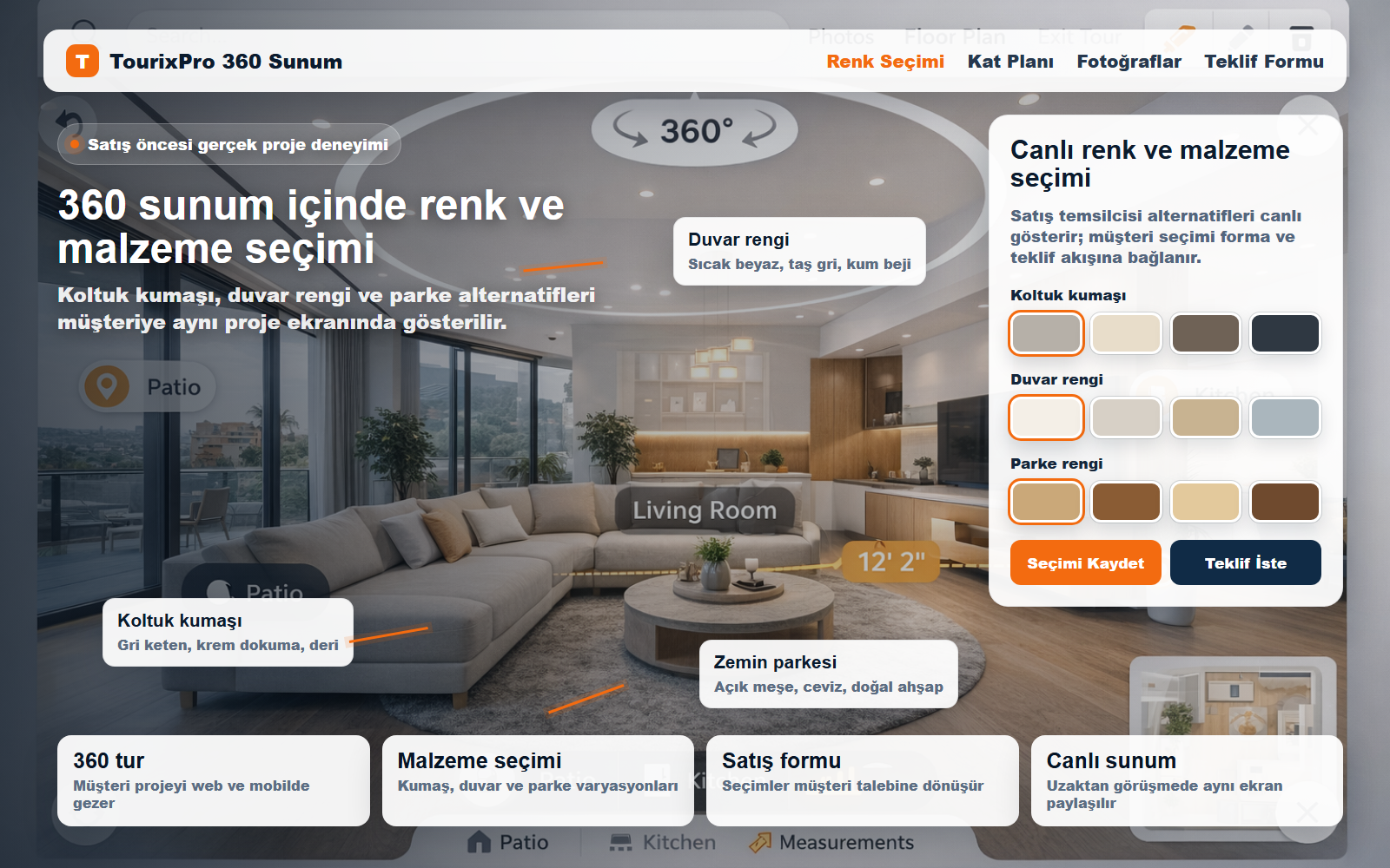 360 satış sunumunda koltuk kumaşı, duvar ve parke seçimi